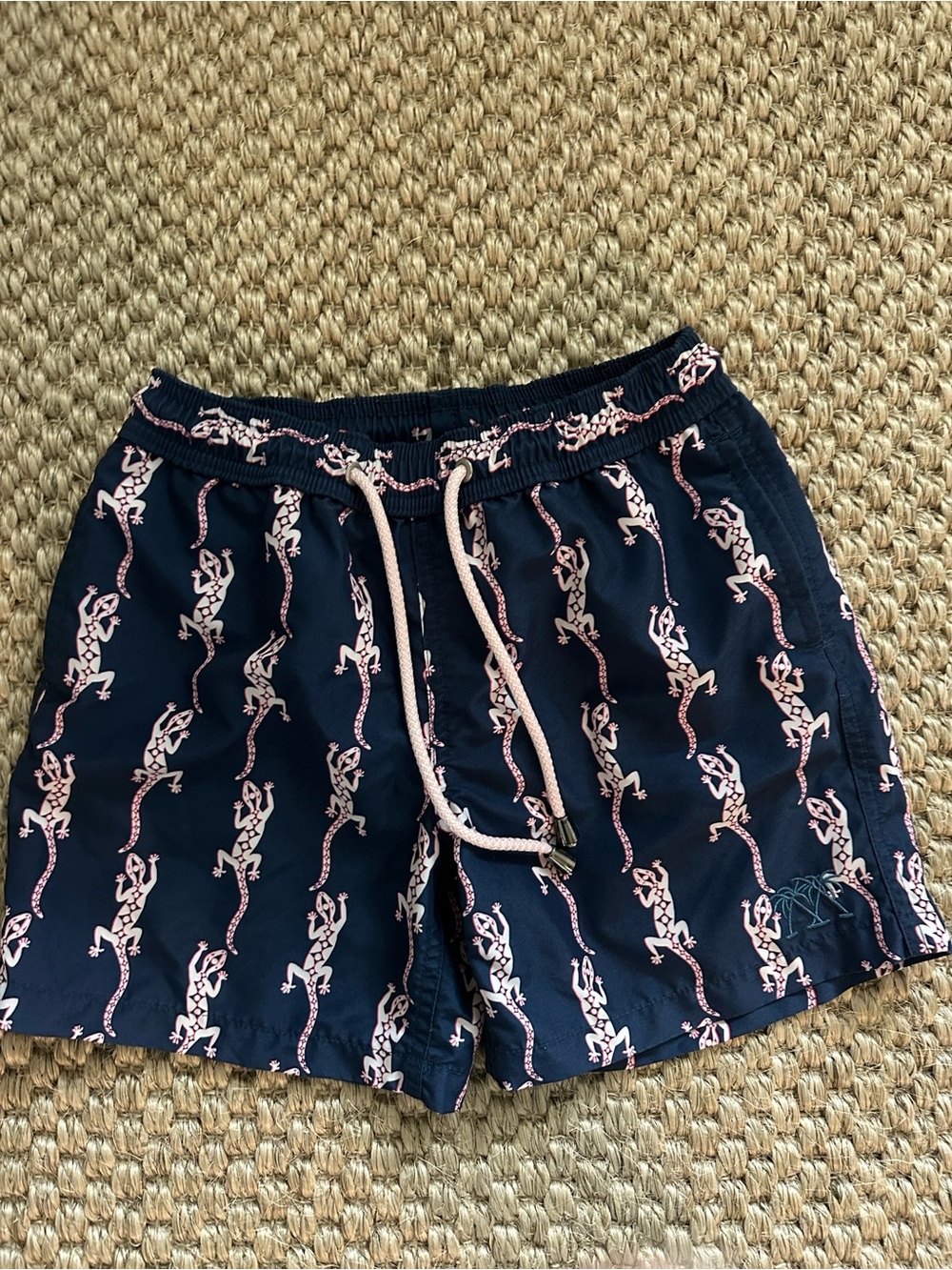 Kids Navy Swim Trunks with Pink Lizard Print